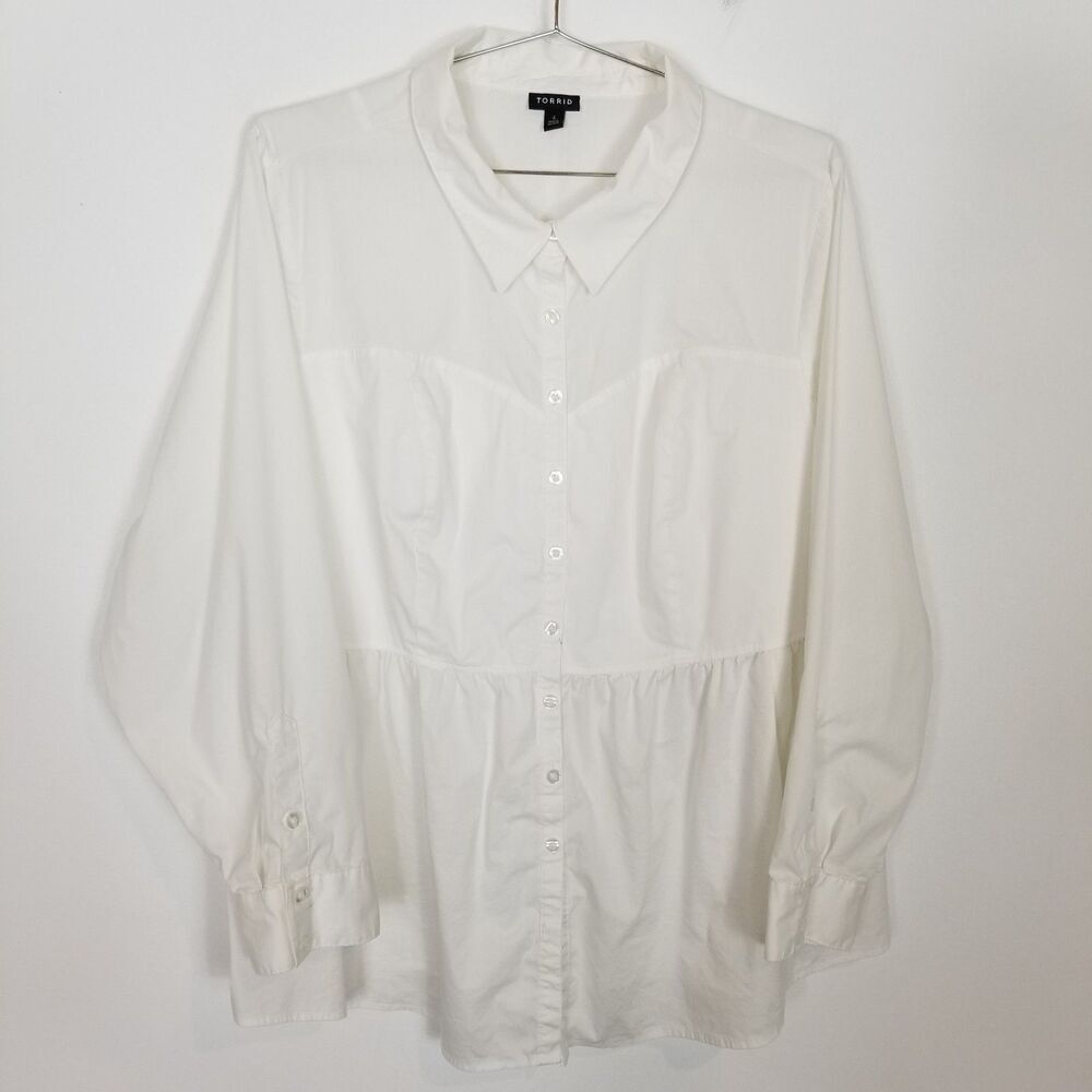 Torrid Women Plus Poplin Corset Detail Smocked Back Button Up Shirt Sz 4X White